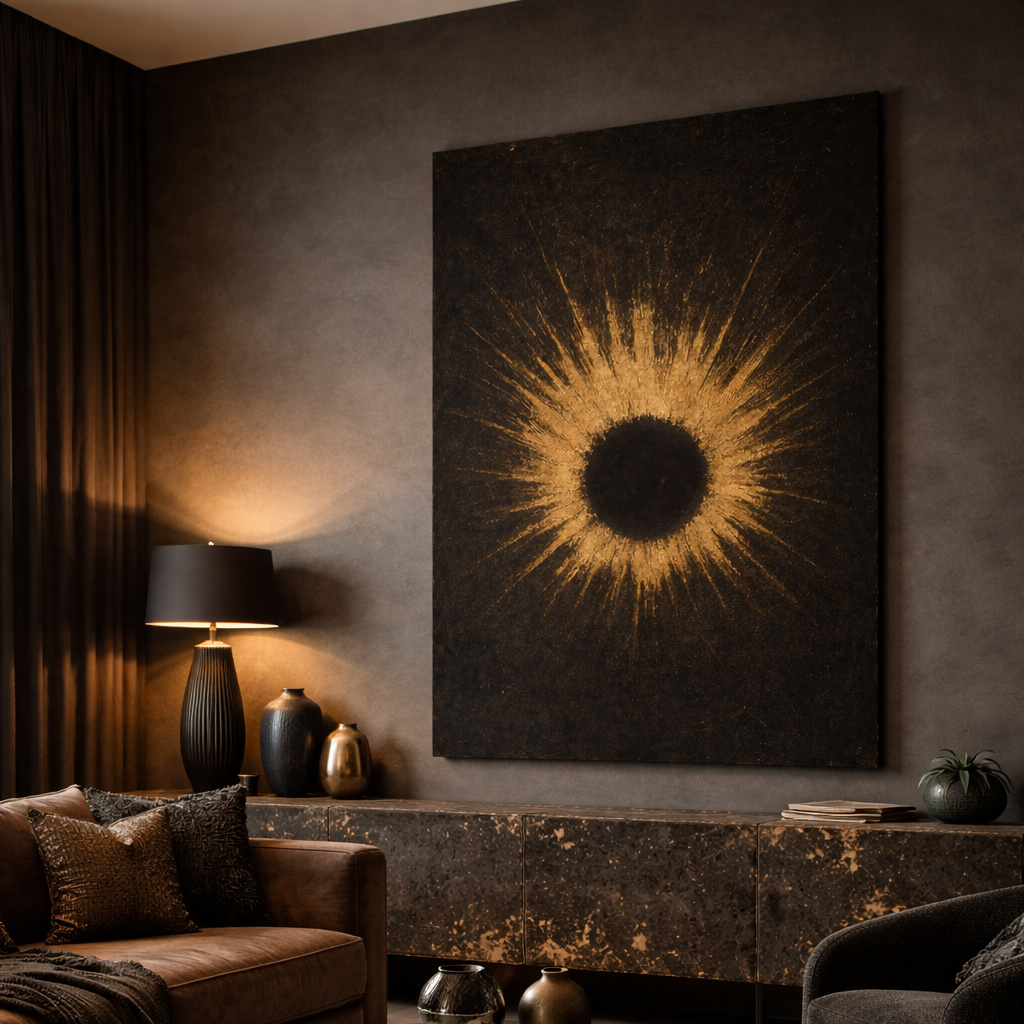 Modern living room with dark brown walls, a sunburst artwork, and decorative furniture.