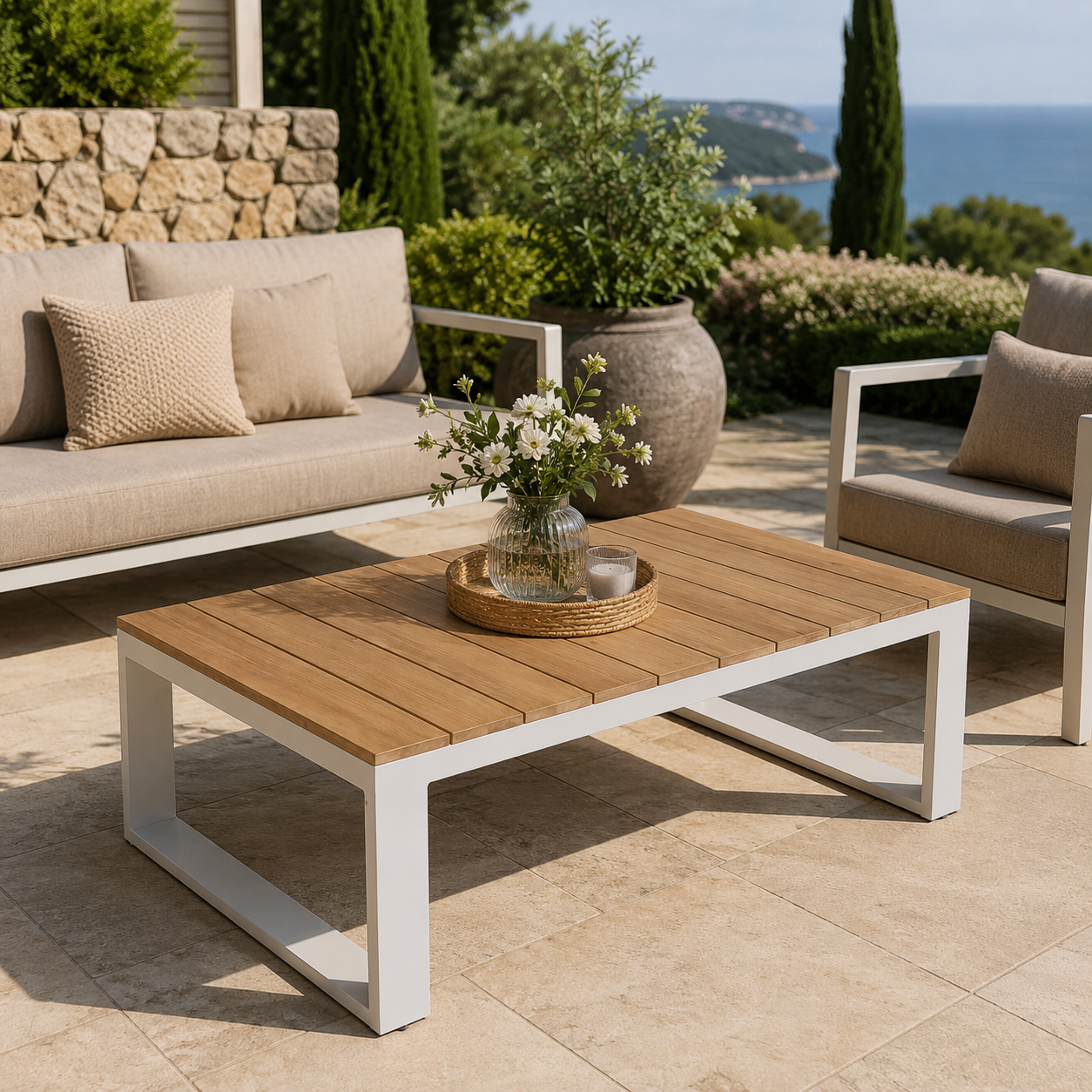 Melton loungetafel wit staal met acacia teak look – 110 x 70 cm