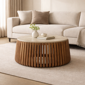 Monaco Mangoholz Wohnzimmertisch - mit beigem Travertin