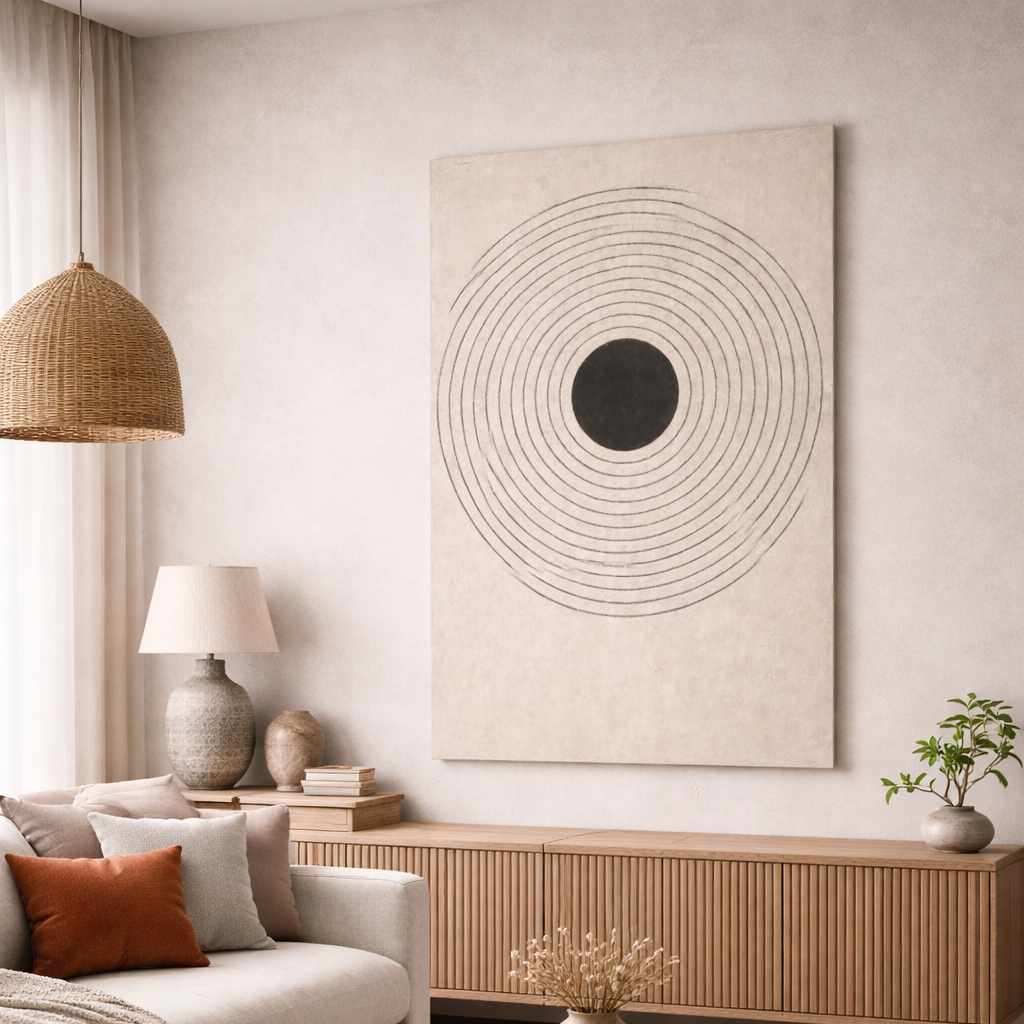 Modern living room with neutral tones, wooden furniture, and decorative elements.