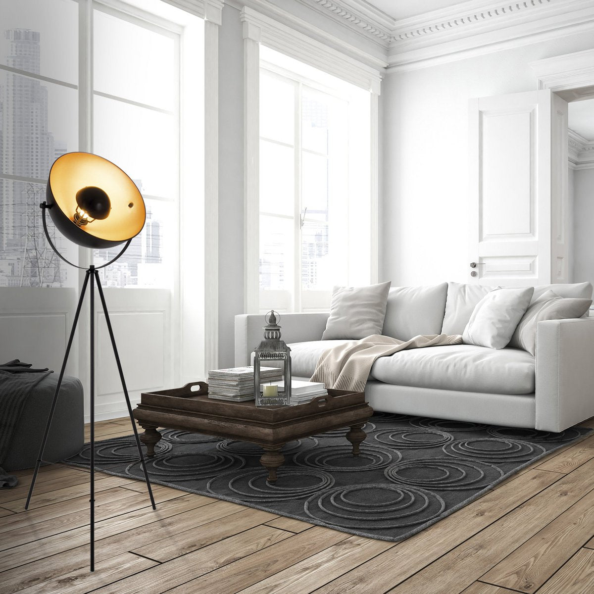 Elegant Black and Gold Three-Legged Floor Lamp for Any Space