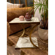 Handcrafted Luxury White Side Table with Gold Metal Design