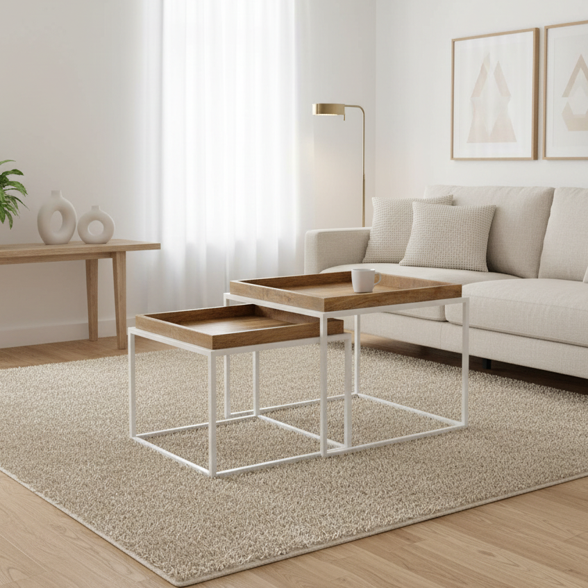 Modern living room with a beige sofa, wooden coffee table, and decorative elements.